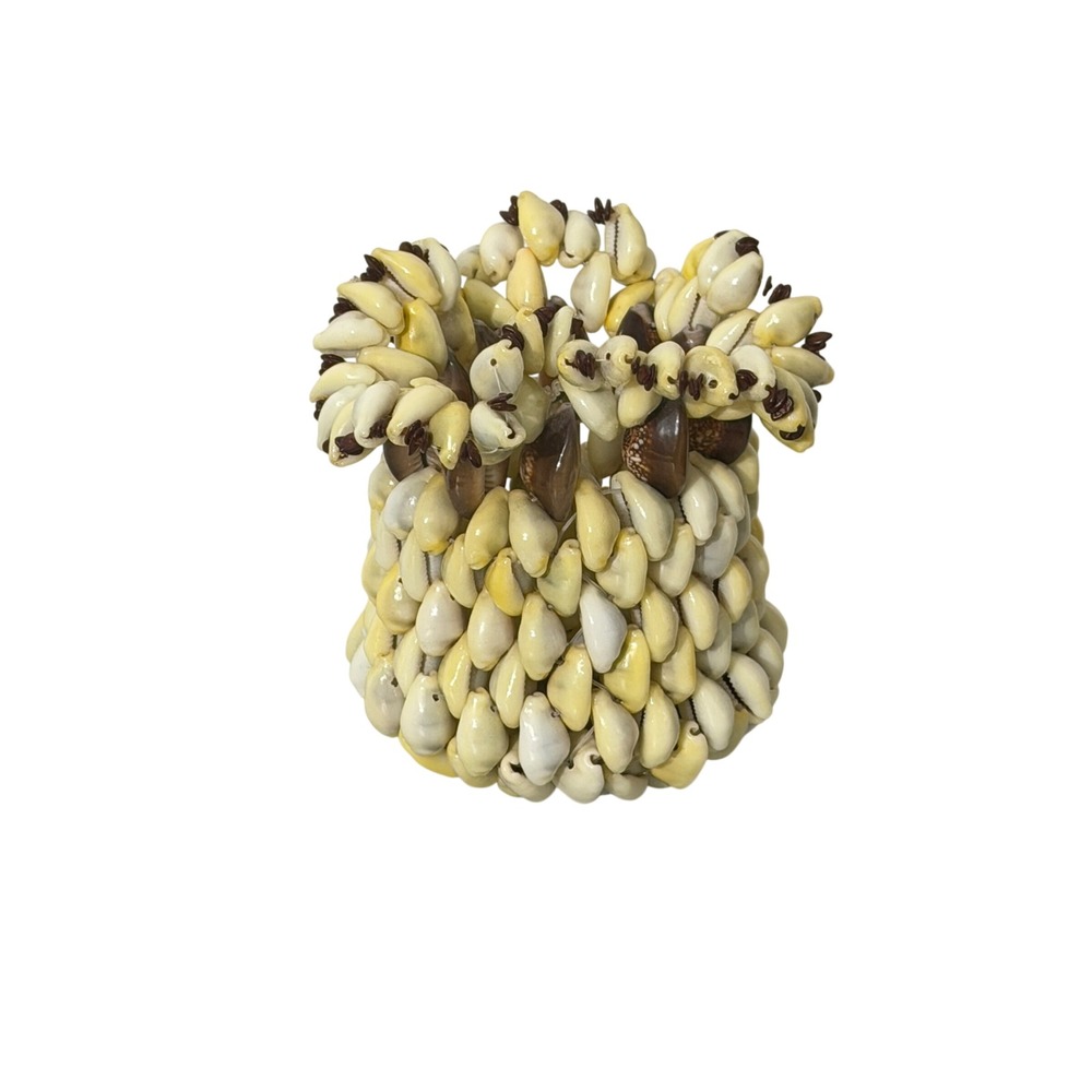 Vintage Cowrie Shell Basket Vase Small Cream Brown Coastal Boho Decor